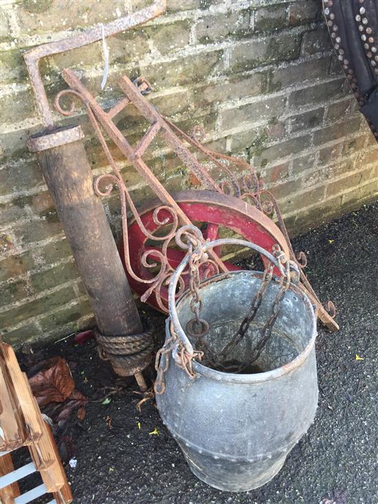 2 wrought well head brackets, handle and bucket with chain